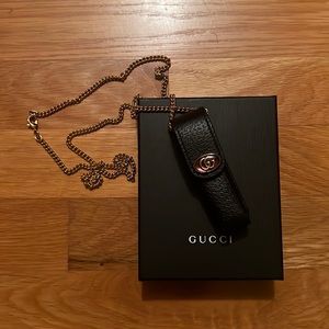 NEW! Gucci Leather Lipstick Case Necklace (Black Leather). Necklace length ~32”